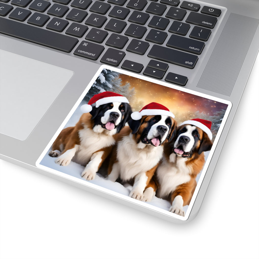 Saint Bernard Dogs in Santa Hats Christmas Sticker — Festive Holiday Kiss-Cut Sticker