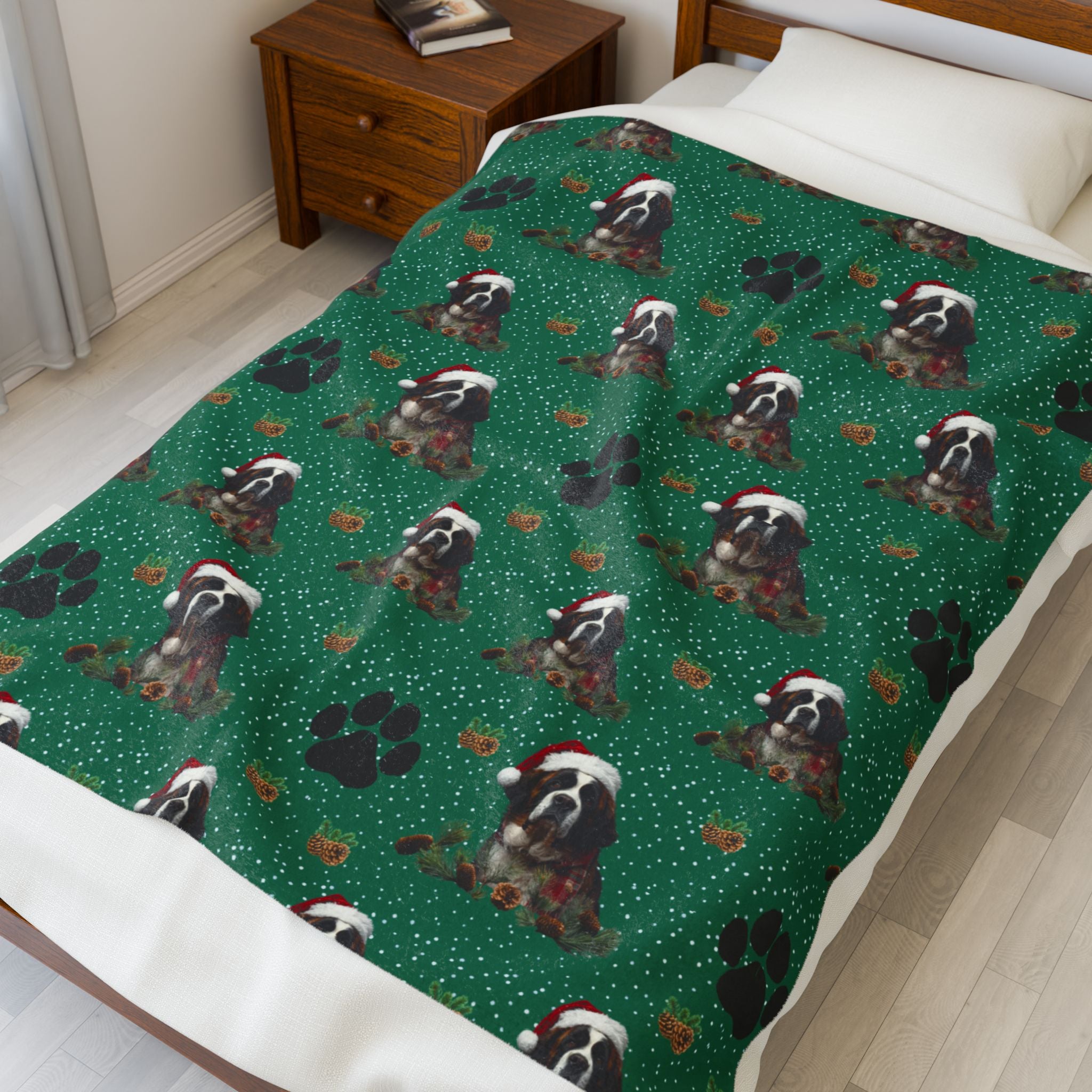 Saint Bernard Paw Print Velveteen Plush Blanket — Cozy Holiday Dog Throw