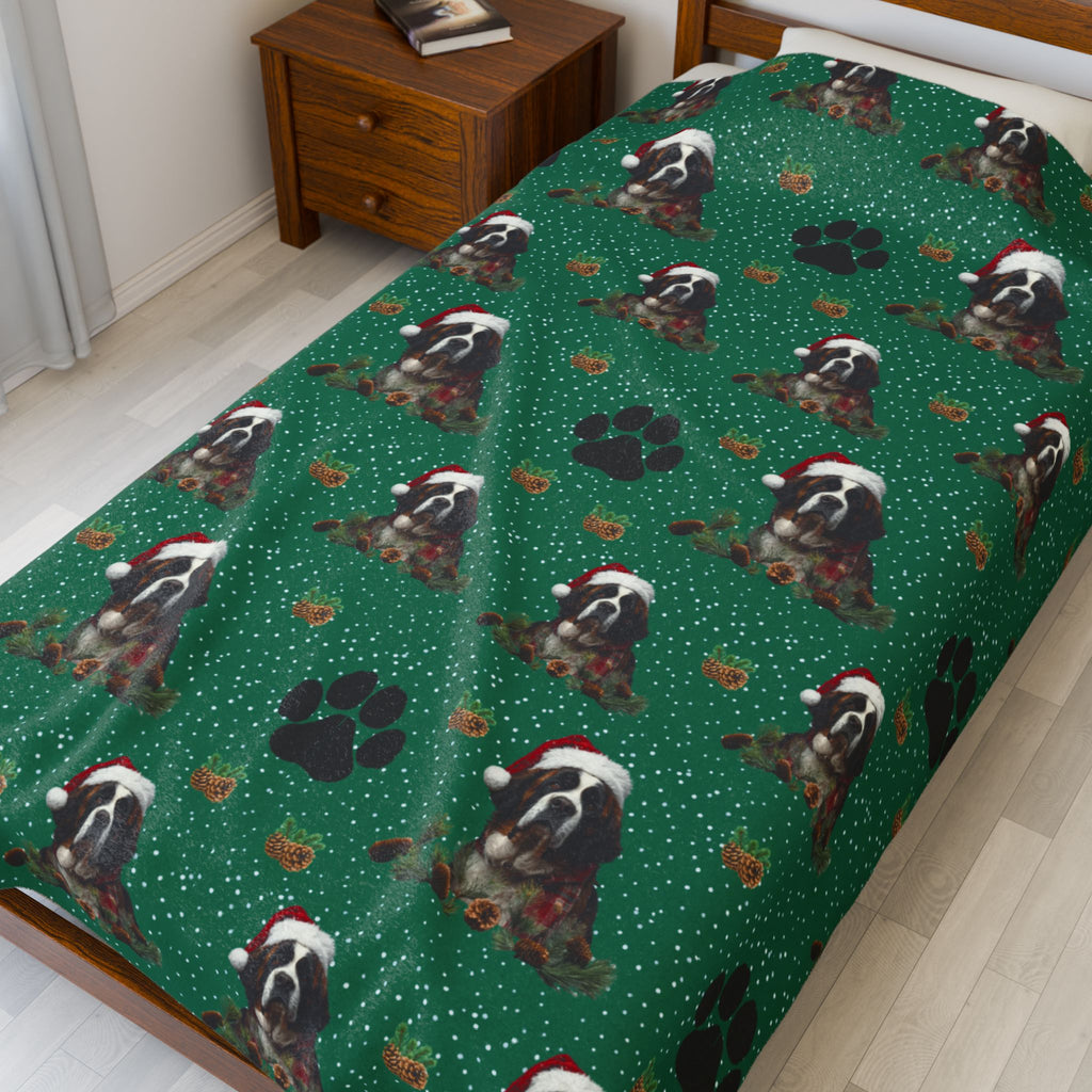Saint Bernard Paw Print Velveteen Plush Blanket — Cozy Holiday Dog Throw