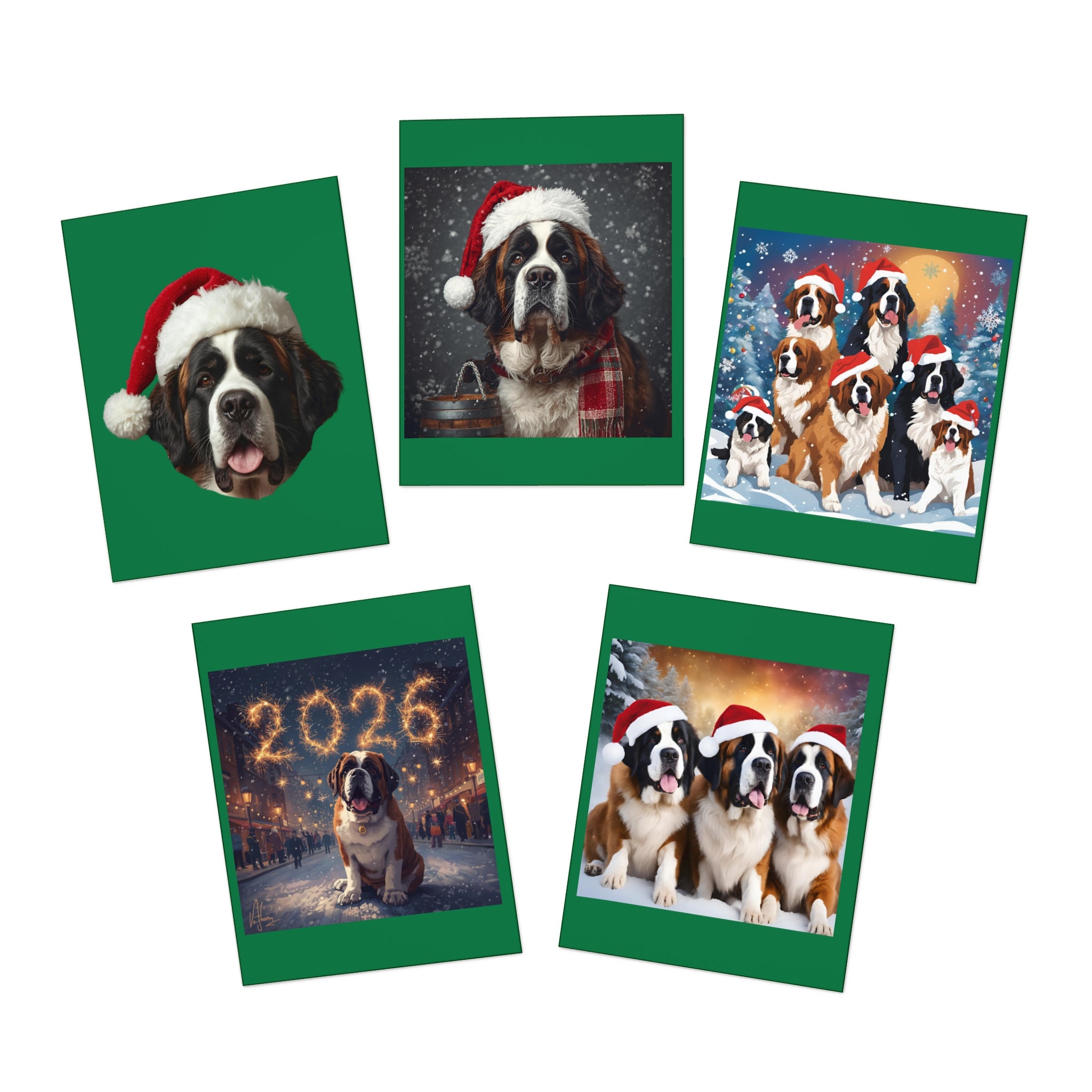 Saint Bernard Christmas-New Year's Cards 5-Pack | Holiday Dog Greeting Cards