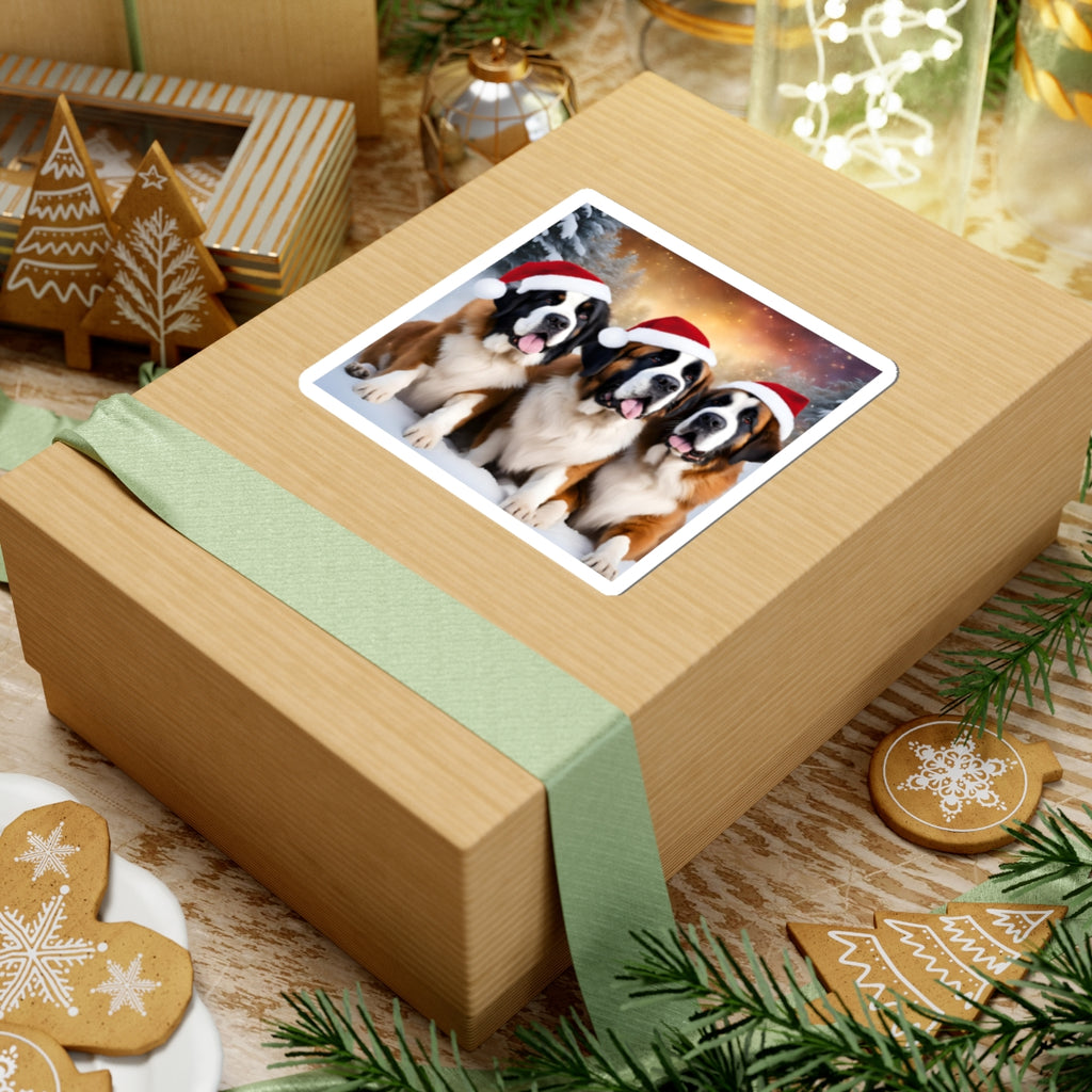 Saint Bernard Dogs in Santa Hats Christmas Sticker — Festive Holiday Kiss-Cut Sticker