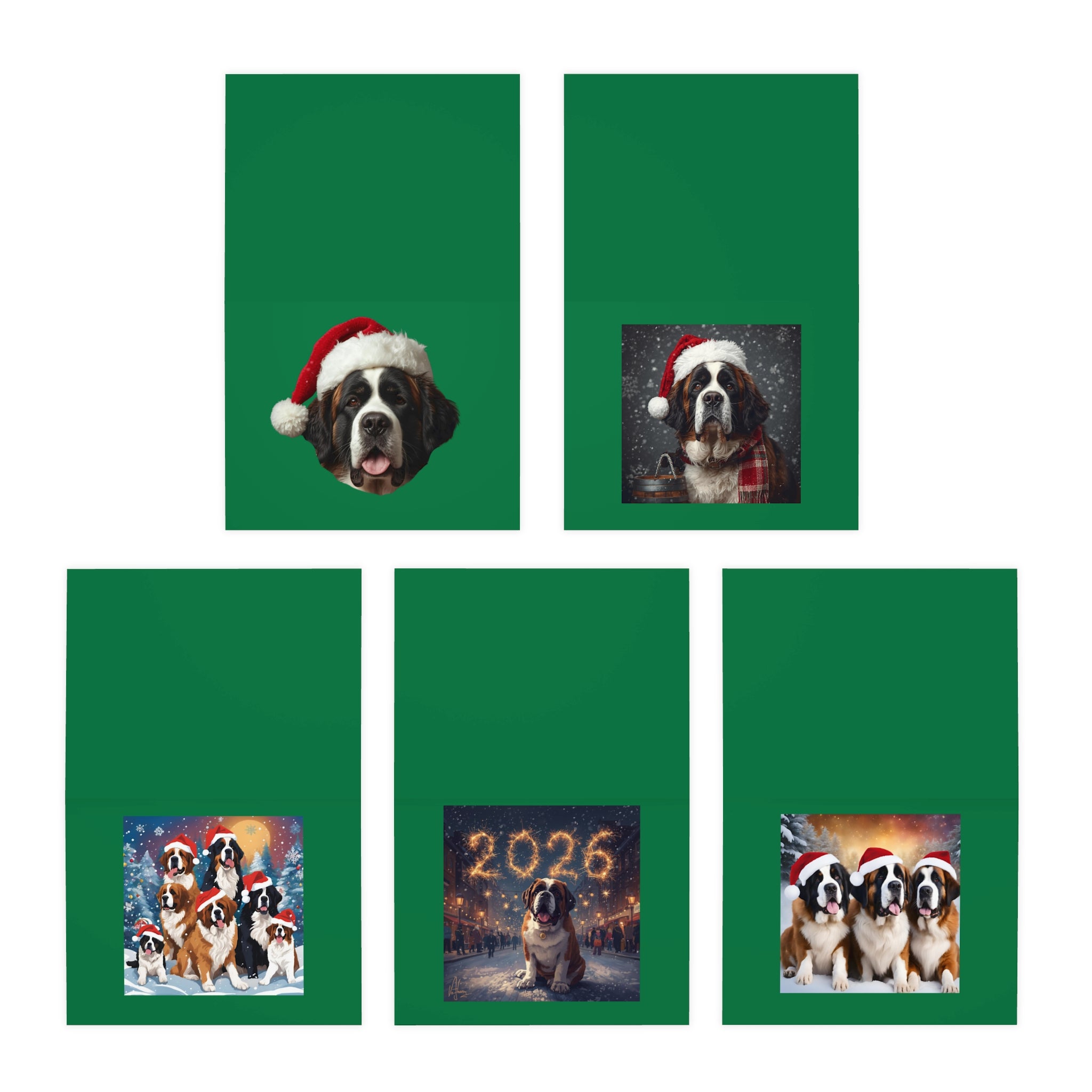 Saint Bernard Christmas-New Year's Cards 5-Pack | Holiday Dog Greeting Cards