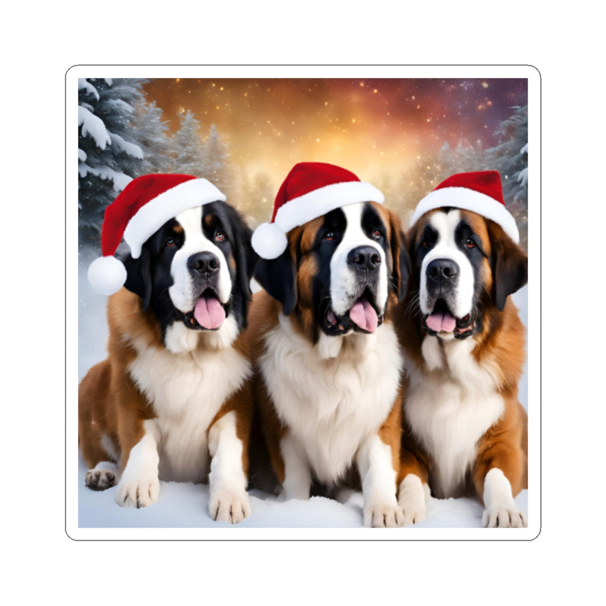 Saint Bernard Dogs in Santa Hats Christmas Sticker — Festive Holiday Kiss-Cut Sticker
