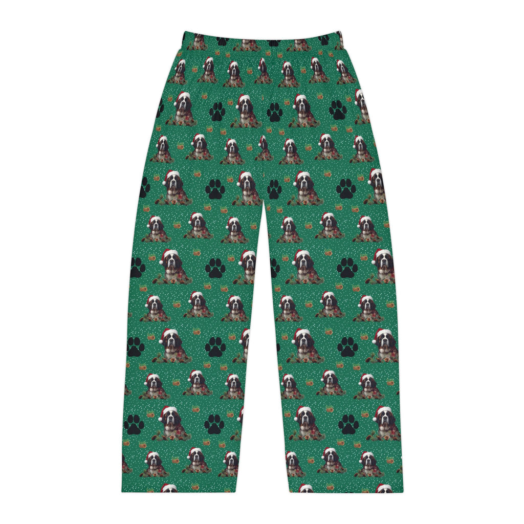 Saint Bernard Pattern Pajama Pants — Green Paw Print Sleep Lounge Pants