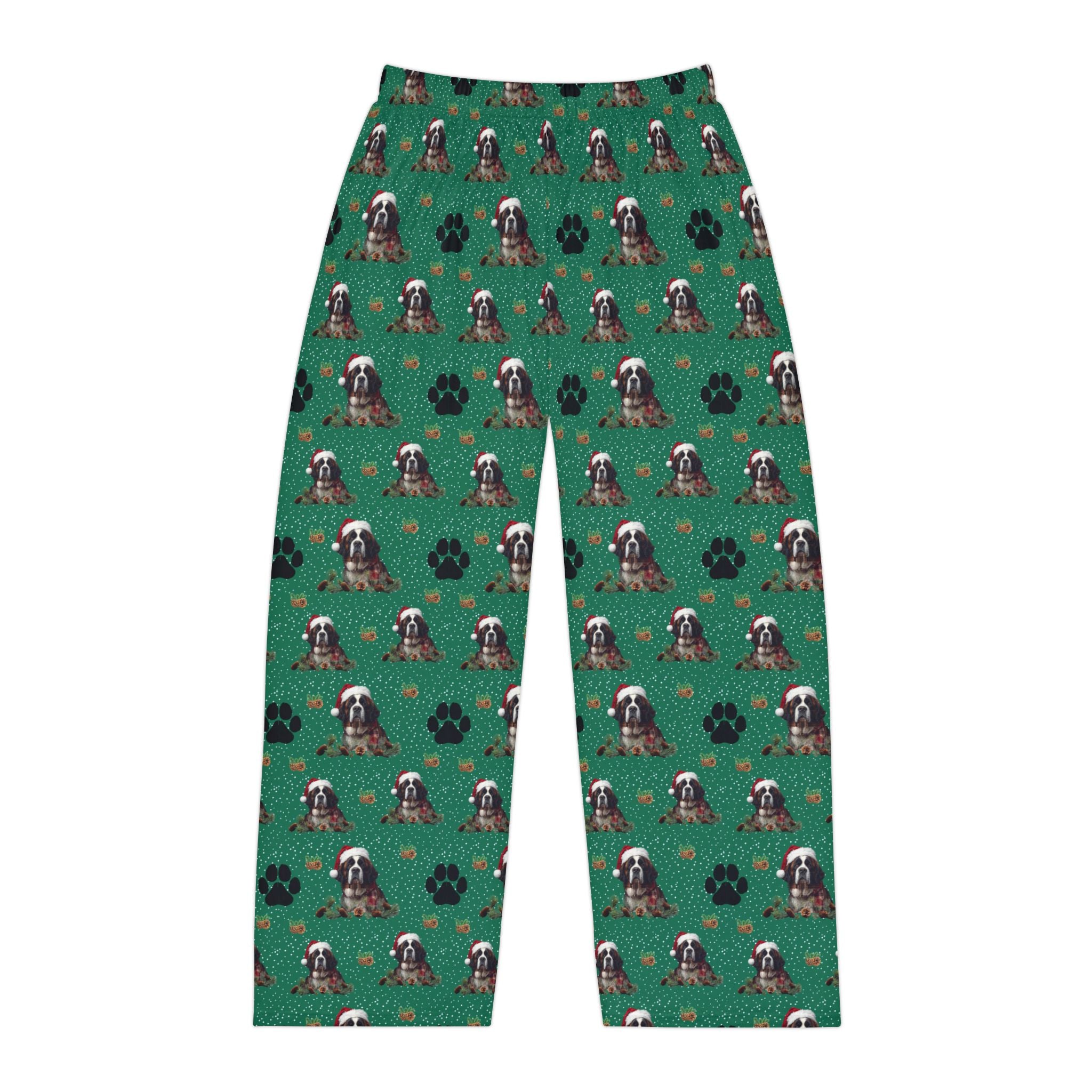 Saint Bernard Pattern Pajama Pants — Green Paw Print Sleep Lounge Pants