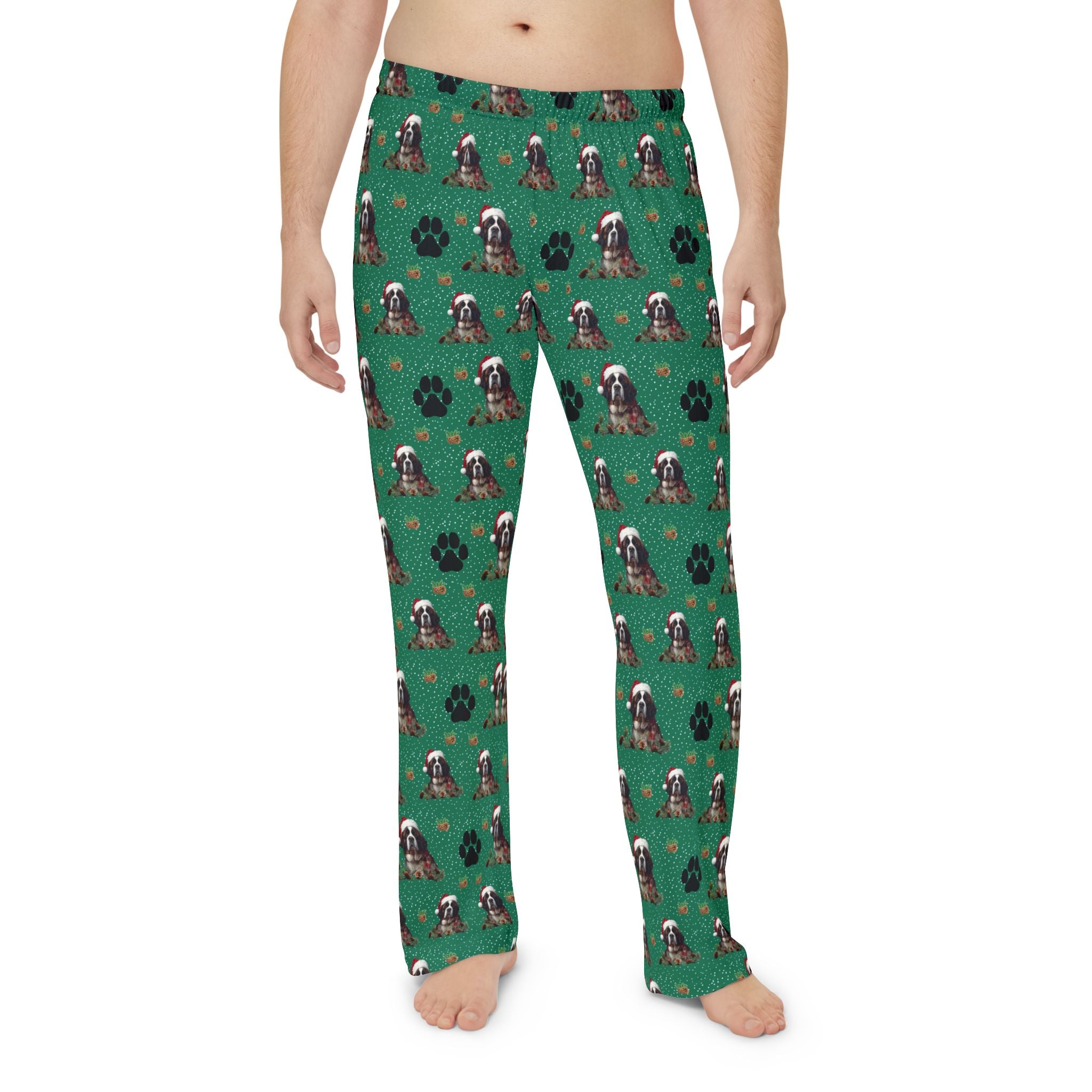 Saint Bernard Pattern Pajama Pants — Green Paw Print Sleep Lounge Pants