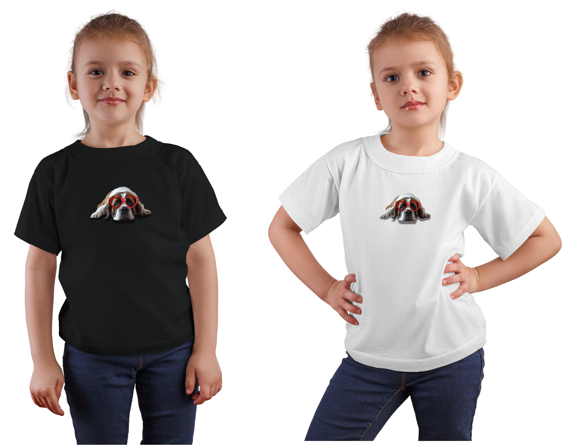 Kids Tee — Cute Saint Bernard dog with Red Heart Sunglasses