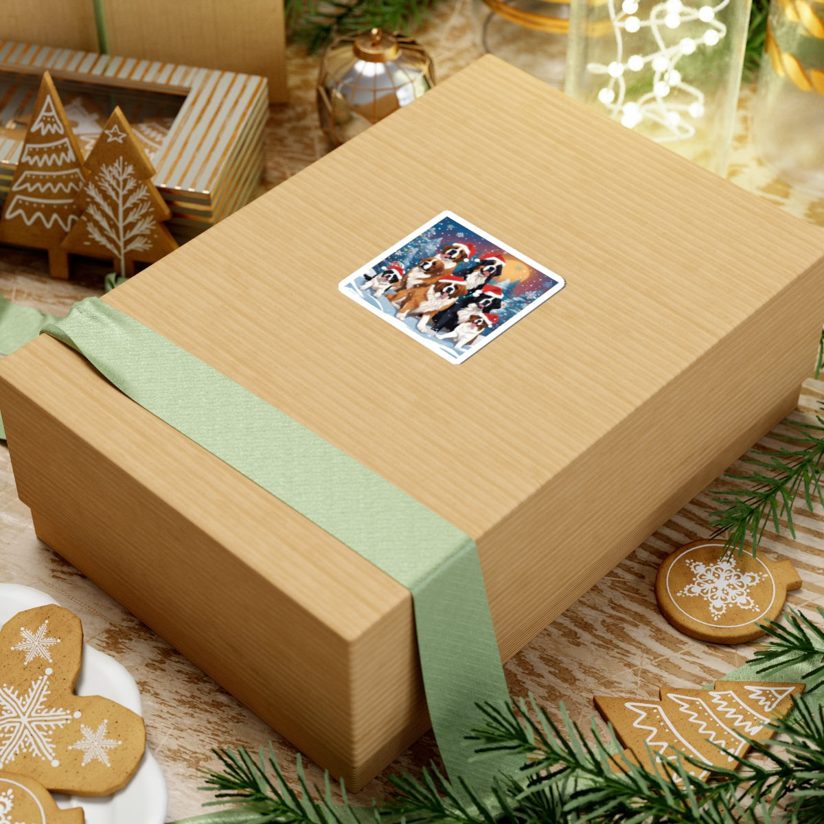 Santa Saint. Pups, & Bernese Sticker — Holiday Kiss-Cut Sticker