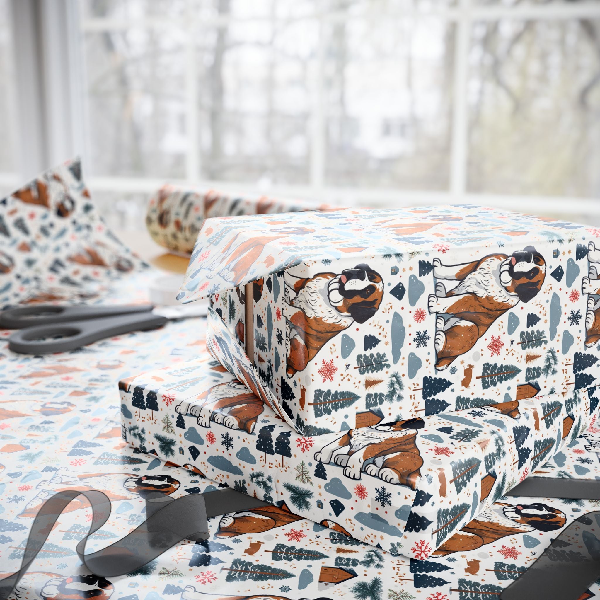 Wrapping Paper Roll — Festive Saint Bernard Pattern Holiday Gift Wrap