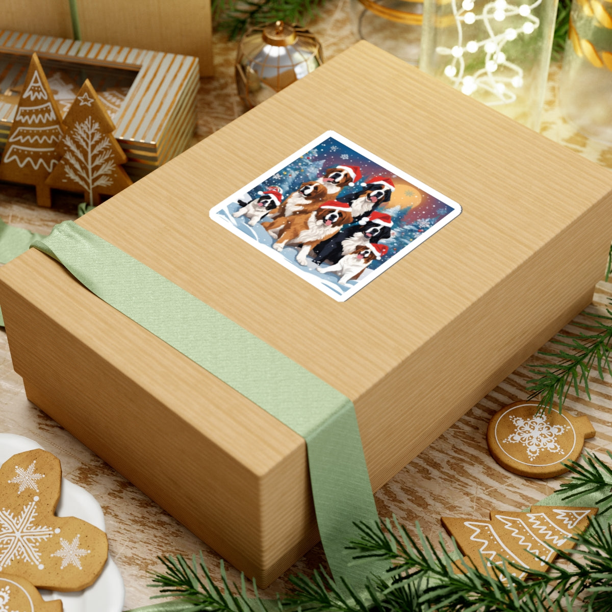 Santa Saint. Pups, & Bernese Sticker — Holiday Kiss-Cut Sticker