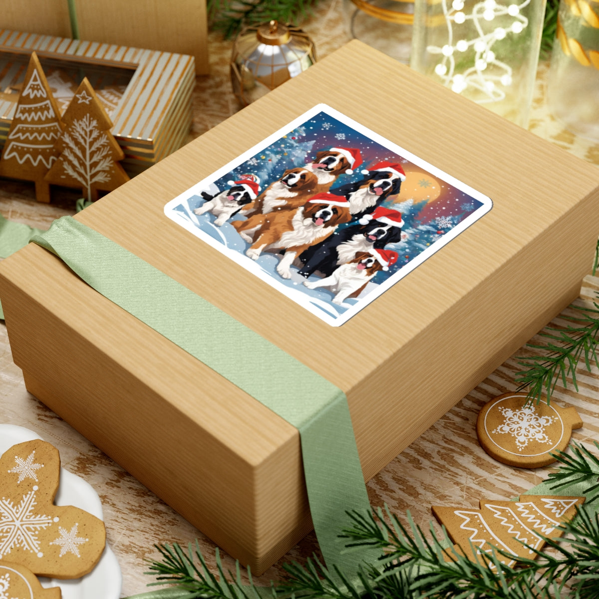 Santa Saint. Pups, & Bernese Sticker — Holiday Kiss-Cut Sticker