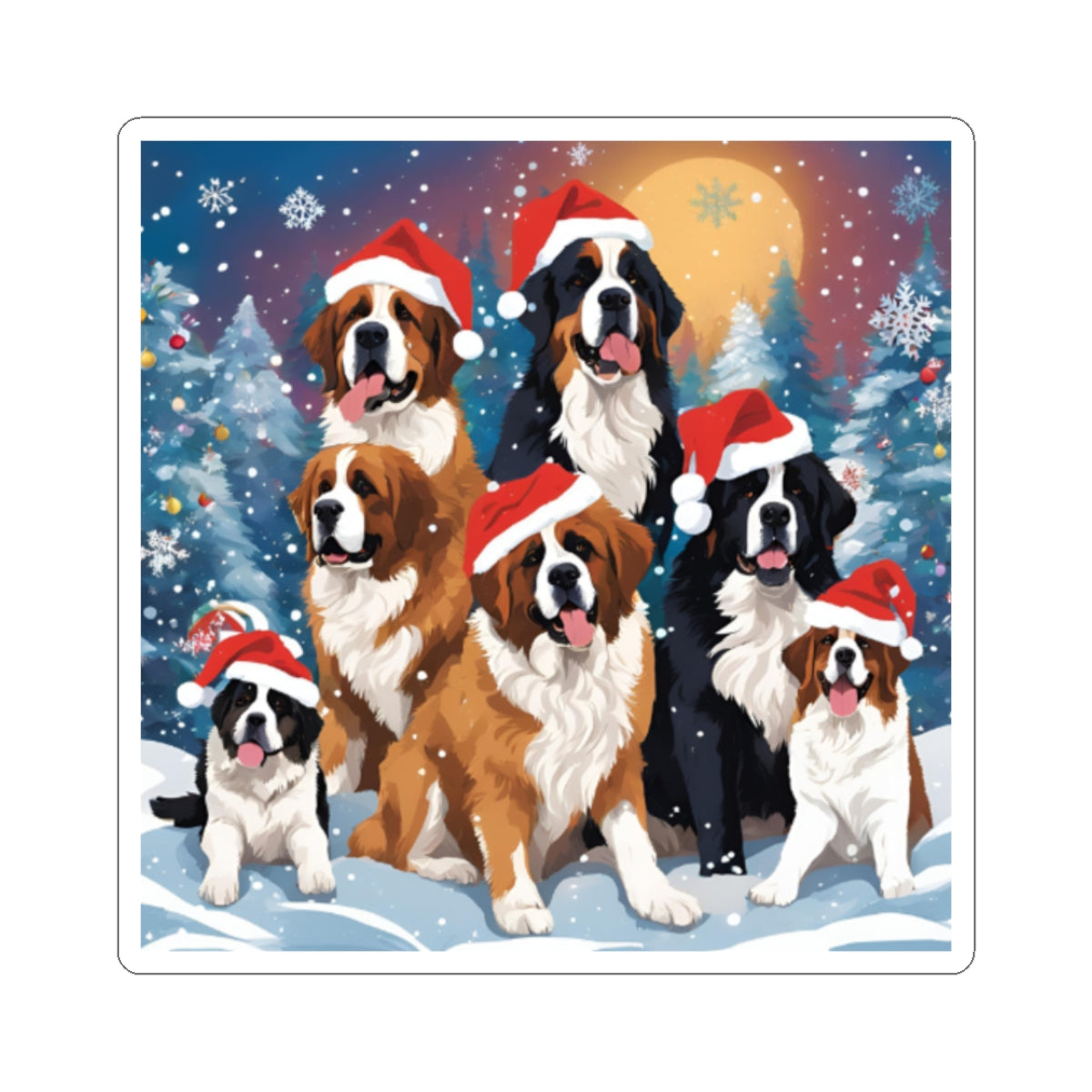 Santa Saint. Pups, & Bernese Sticker — Holiday Kiss-Cut Sticker