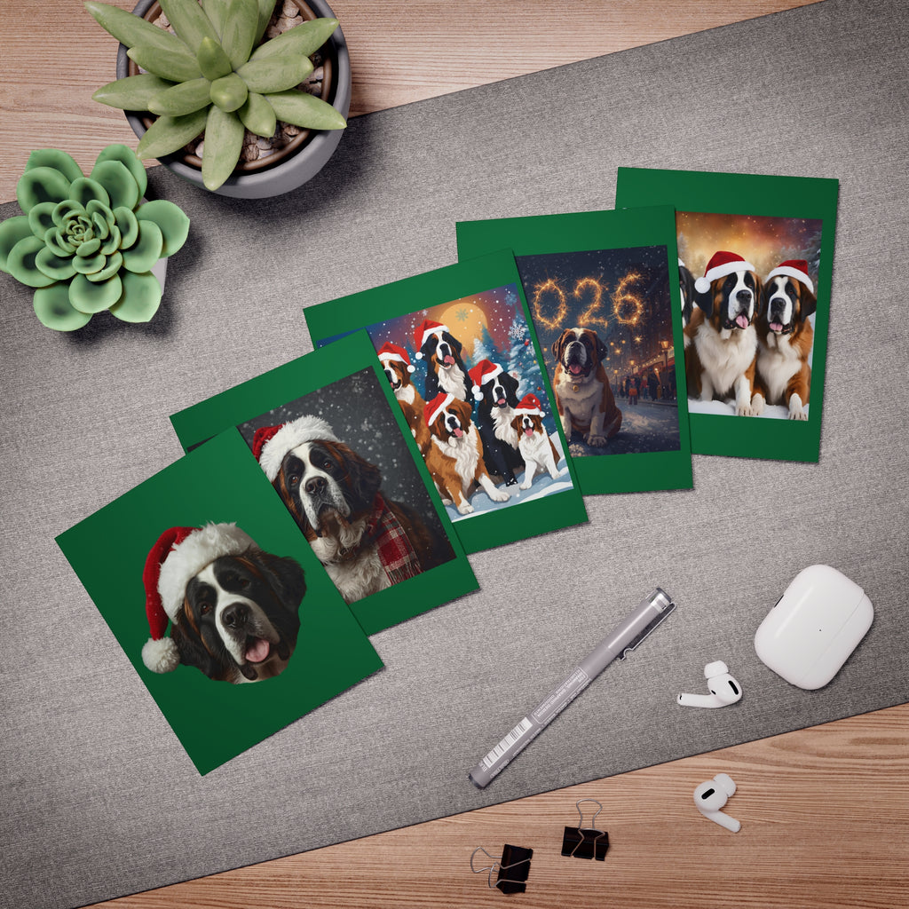 Saint Bernard Christmas-New Year's Cards 5-Pack | Holiday Dog Greeting Cards