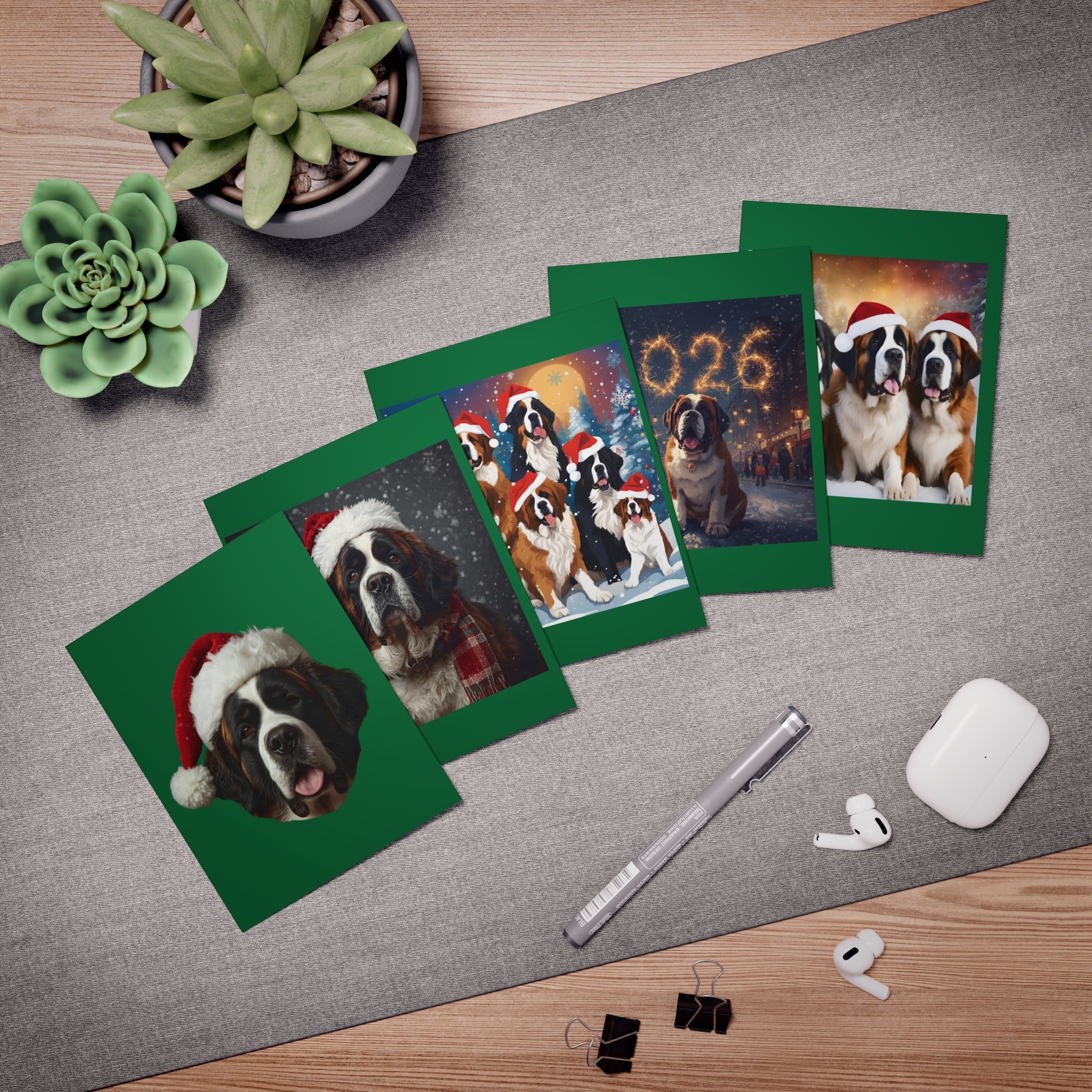 Saint Bernard Christmas-New Year's Cards 5-Pack | Holiday Dog Greeting Cards