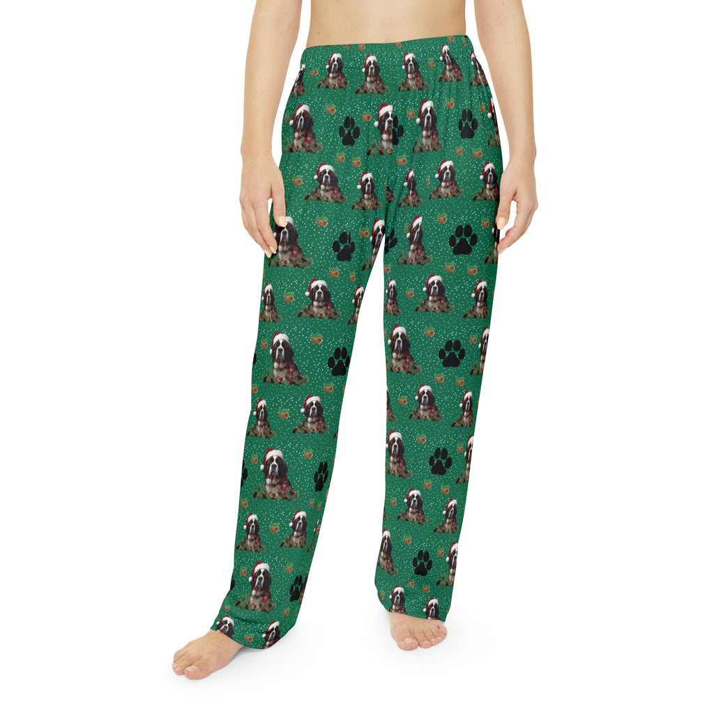 Saint Bernard Pajama Pants — Green Paw Pattern Women's Sleepwear