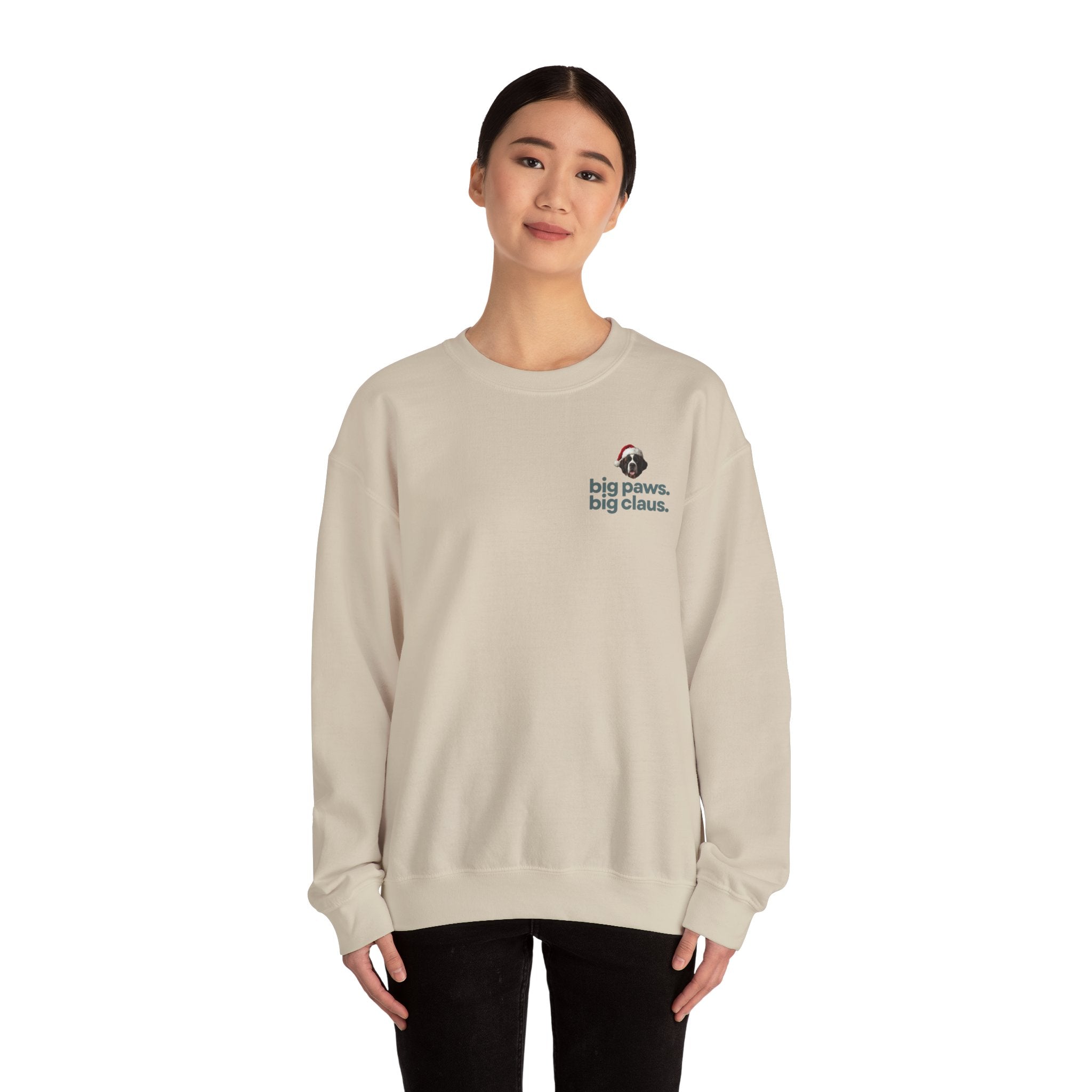 Saint Bernard Christmas Sweatshirt - "big paws, big claus." Holiday Crewneck