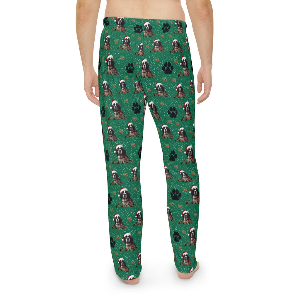 Saint Bernard Pattern Pajama Pants — Green Paw Print Sleep Lounge Pants