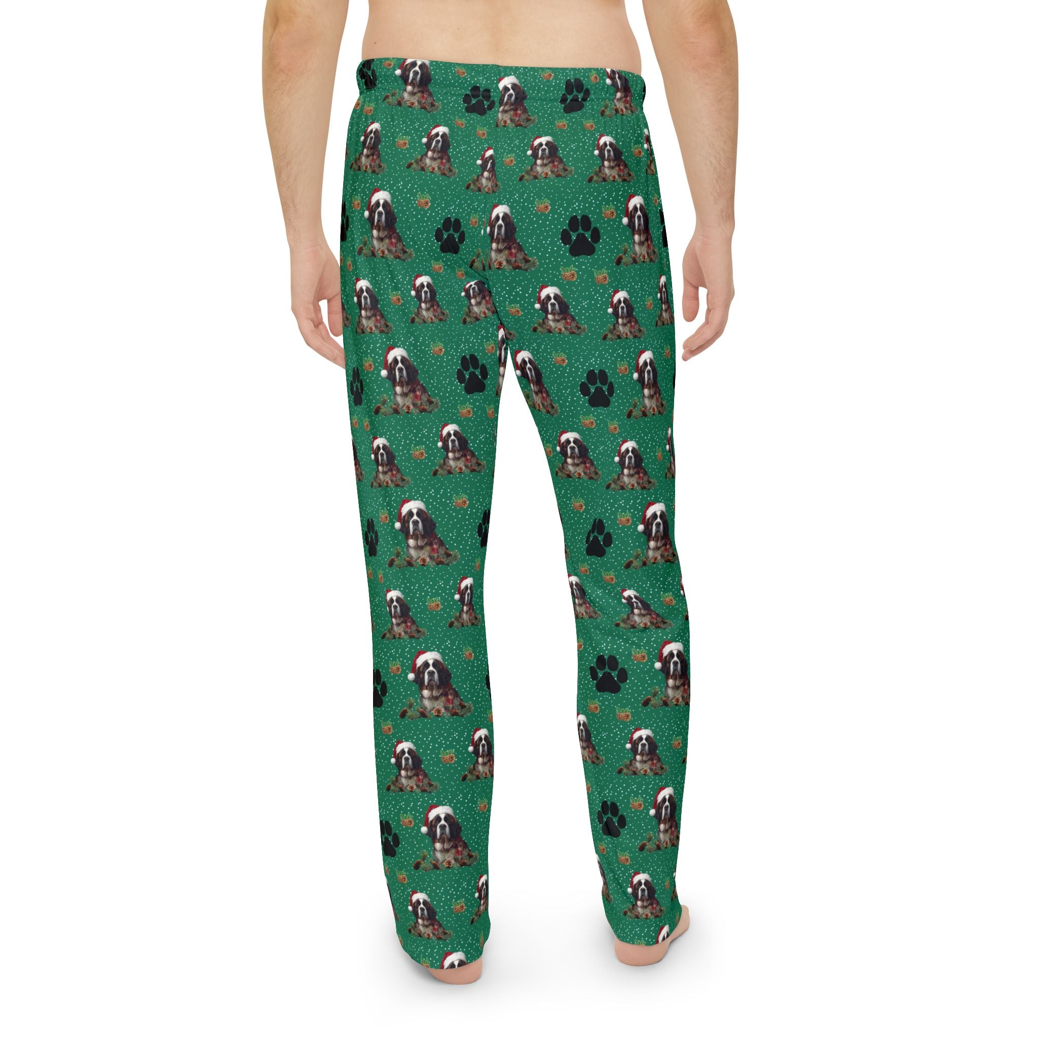 Saint Bernard Pattern Pajama Pants — Green Paw Print Sleep Lounge Pants