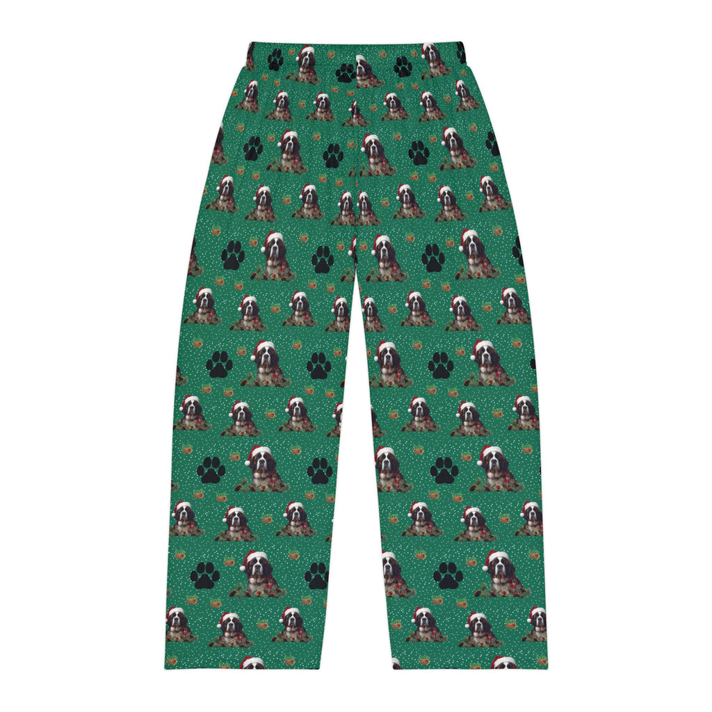 Saint Bernard Pattern Pajama Pants — Green Paw Print Sleep Lounge Pants