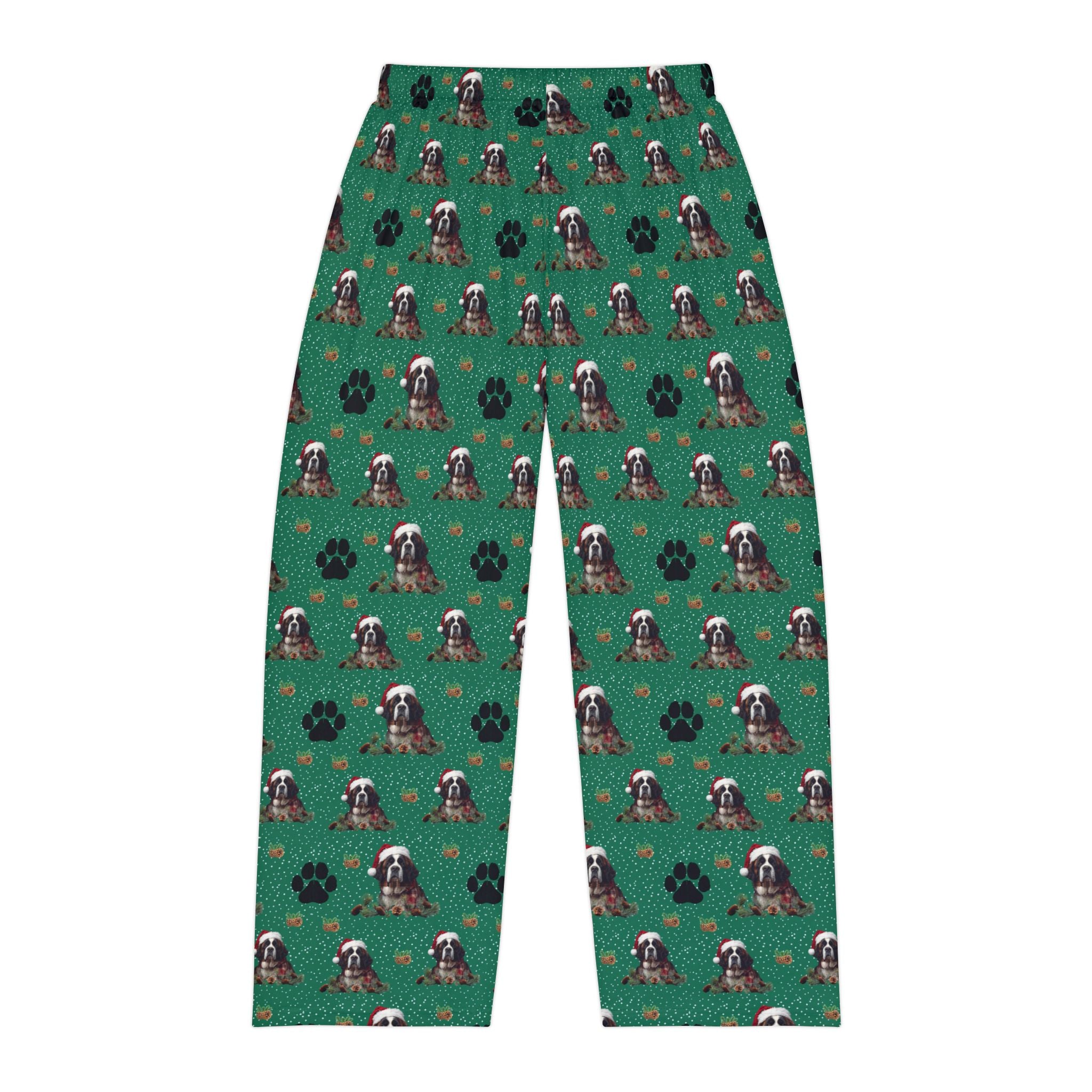 Saint Bernard Pattern Pajama Pants — Green Paw Print Sleep Lounge Pants
