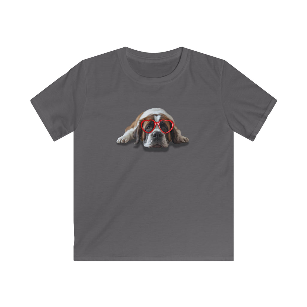 Kids Tee — Cute Saint Bernard dog with Red Heart Sunglasses