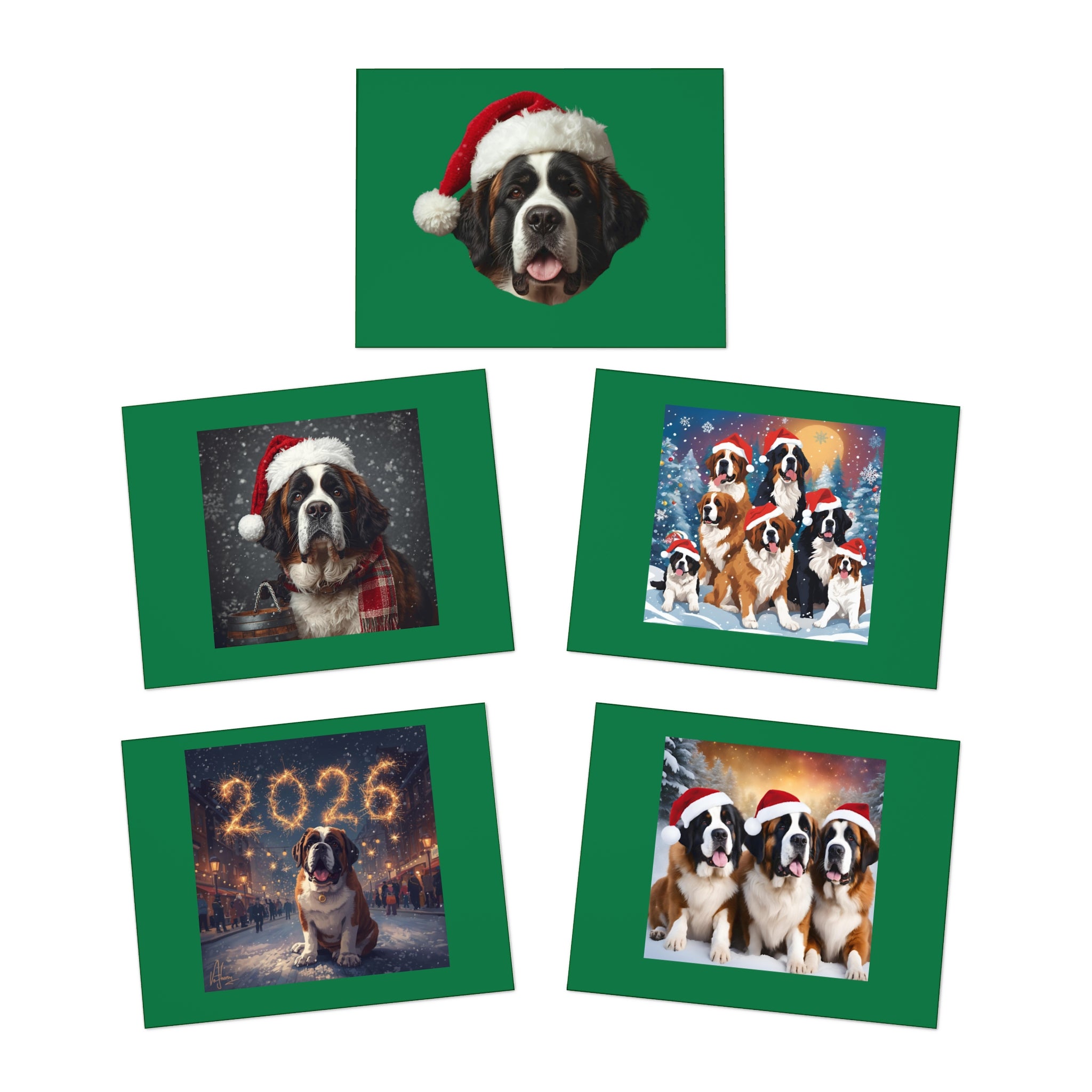 Saint Bernard Christmas-New Year's Cards 5-Pack | Holiday Dog Greeting Cards