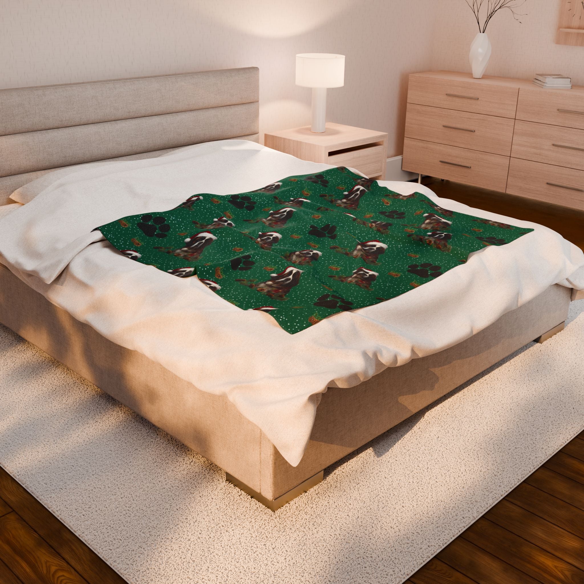 Saint Bernard Paw Print Velveteen Plush Blanket — Cozy Holiday Dog Throw
